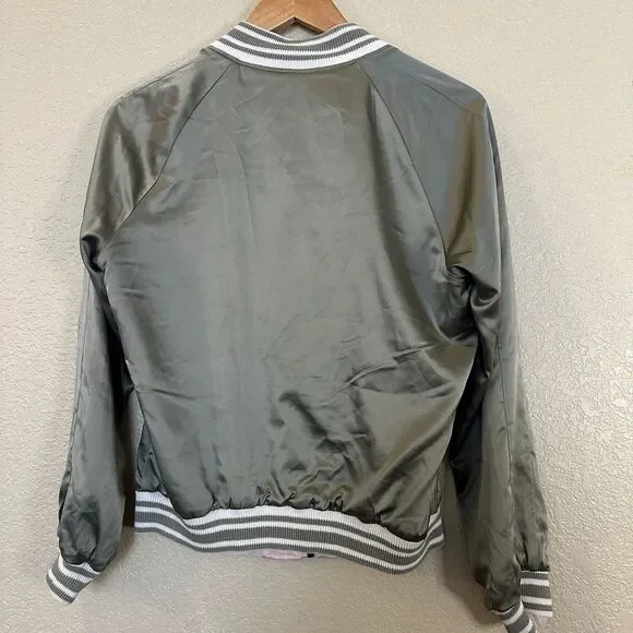 Hollister Bomber Jacket Womens Medium Pink Embroidered Tiger Reversible Zip Up - Picture 11 of 14